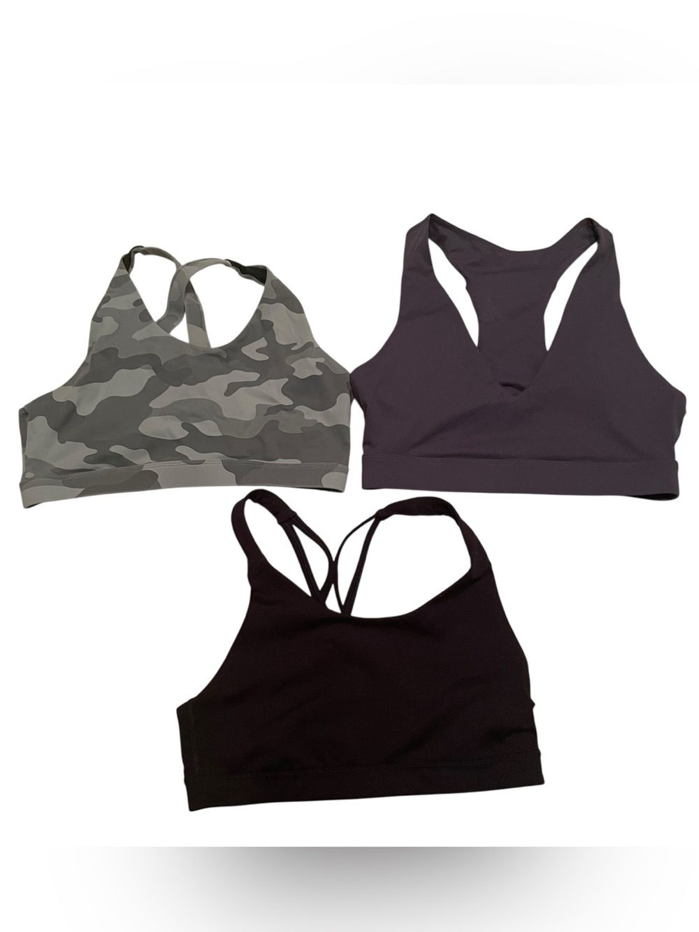 3 Size M Sports Bras- Camo, Dark Gray and Black